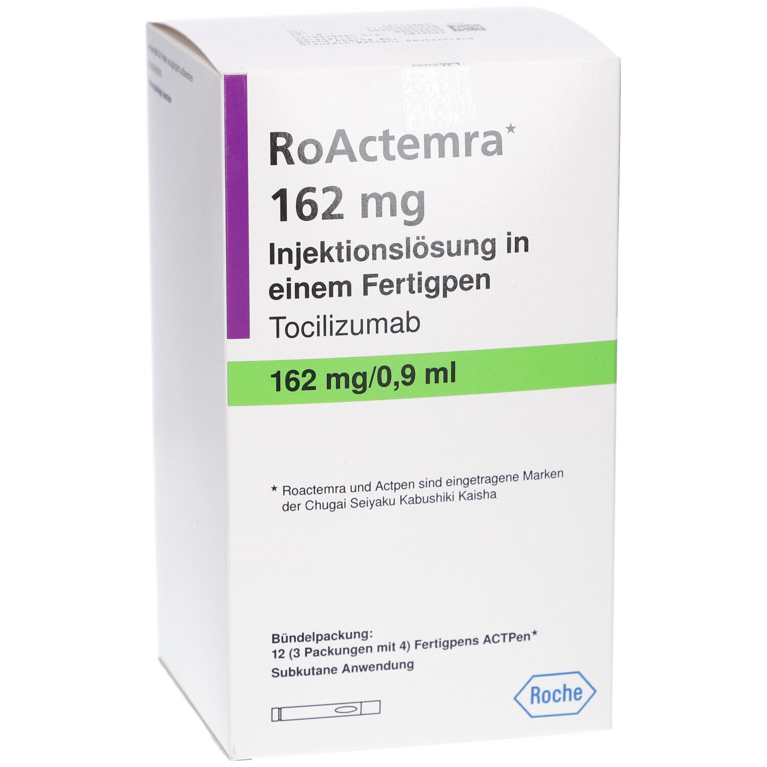 Weißer Karton mit lila und grüner Beschriftung. RoActemra 162 mg Injektionslösung in einem Fertigpen. Roche Logo.