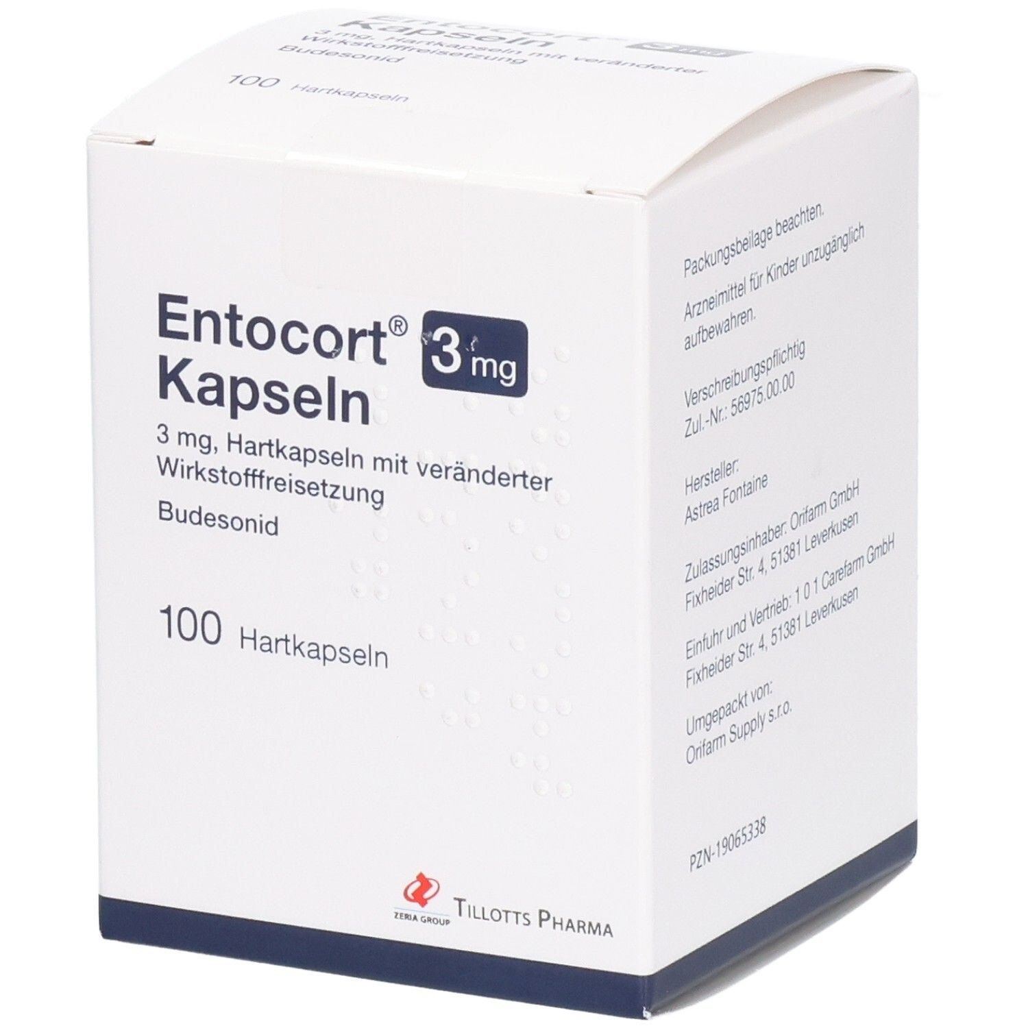 Weiße Faltschachtel mit Produktinformationen. Aufdruck: Entocort Kapseln 3 mg, 100 Hartkapseln. Hersteller: Tillotts Pharma.