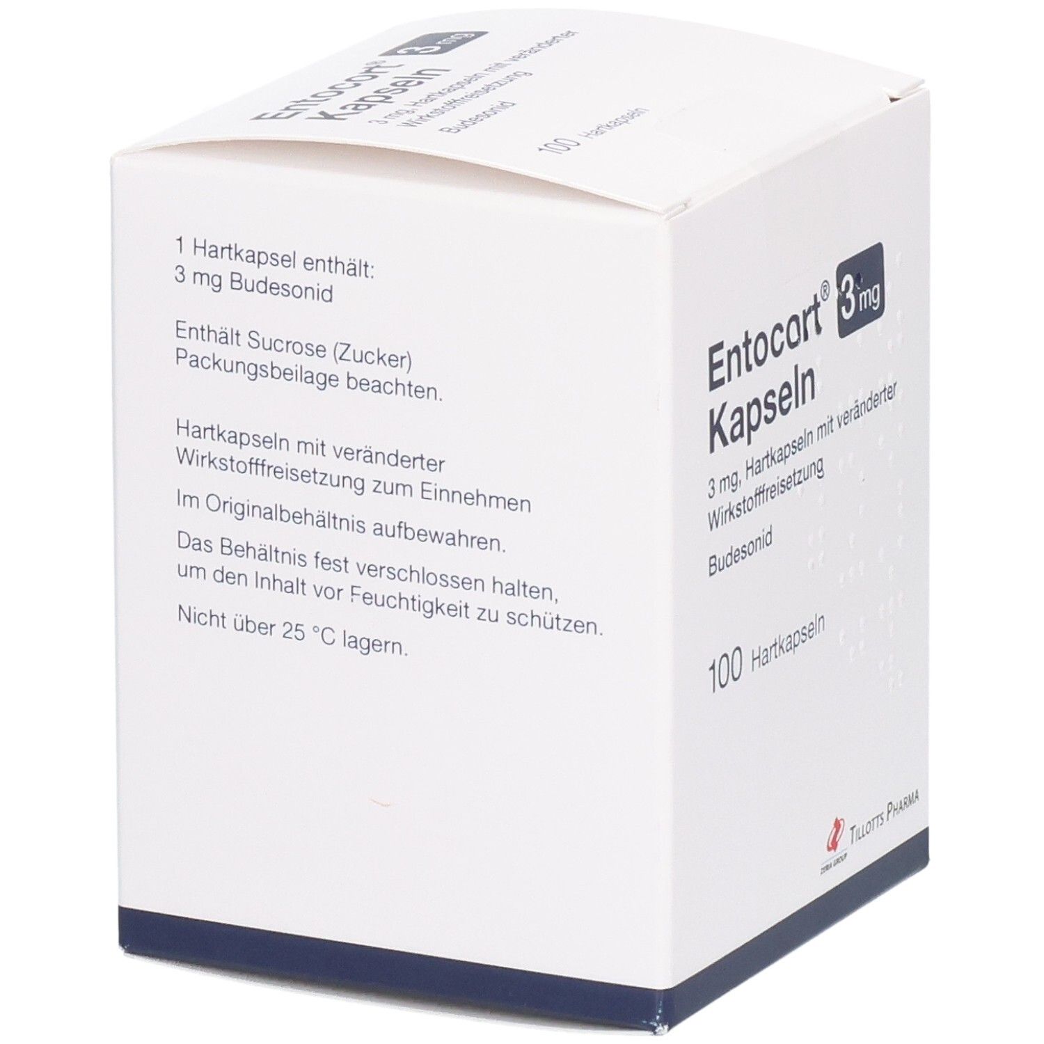 Weiße Faltschachtel mit Produktinformationen. Aufdruck: Entocort Kapseln 3 mg, 100 Hartkapseln. Hersteller: Tillotts Pharma. Detailansicht.
