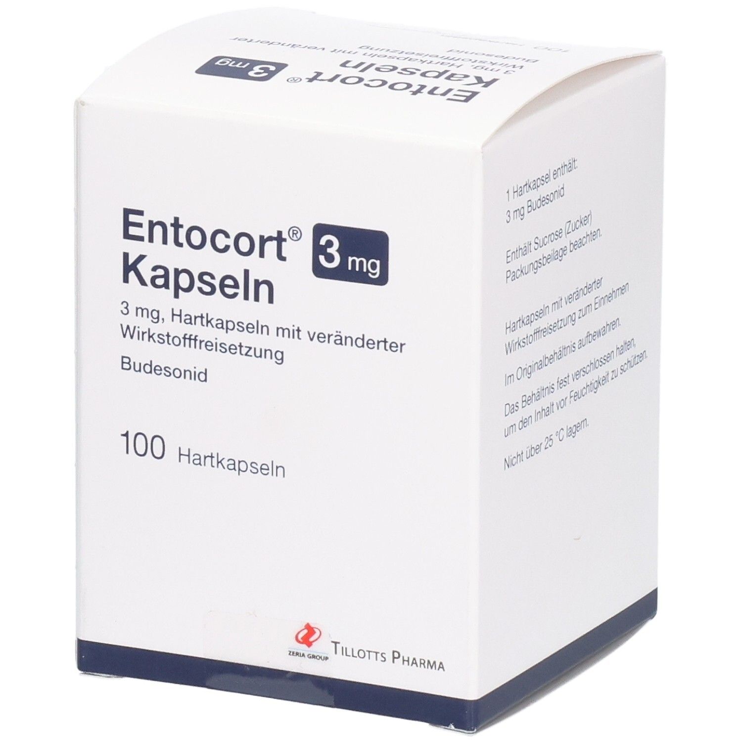 Weiße Faltschachtel mit Produktinformationen. Aufdruck: Entocort Kapseln 3 mg, 100 Hartkapseln. Hersteller: Tillotts Pharma. Schrägansicht.