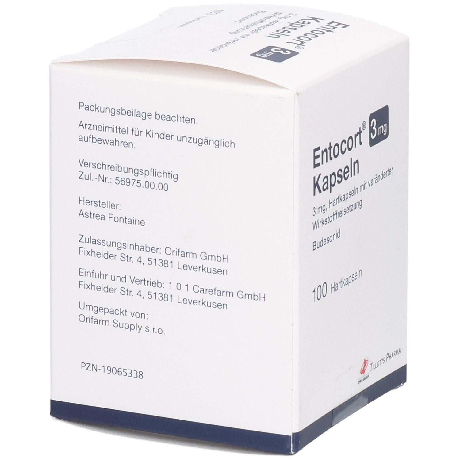 Weiße Faltschachtel mit Produktinformationen. Aufdruck: Entocort Kapseln 3 mg, 100 Hartkapseln. Hersteller: Tillotts Pharma. Schrägansicht.