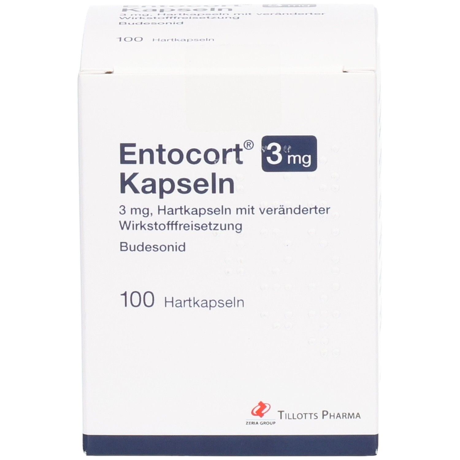Weiße Faltschachtel mit Produktinformationen. Aufdruck: Entocort Kapseln 3 mg, 100 Hartkapseln. Hersteller: Tillotts Pharma.