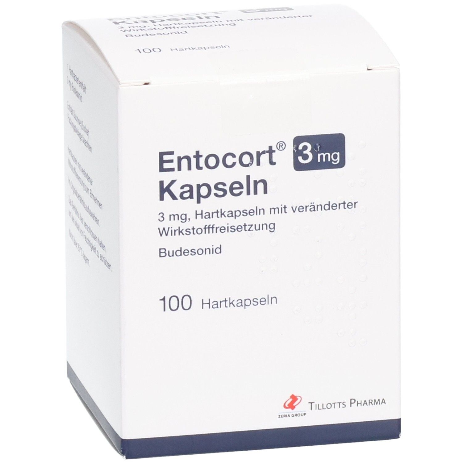 Weiße Faltschachtel mit Produktinformationen. Aufdruck: Entocort Kapseln 3 mg, 100 Hartkapseln. Hersteller: Tillotts Pharma.