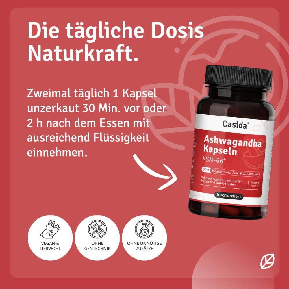 Roter Hintergrund mit Text: Die tägliche Dosis Naturkraft. Flasche Ashwagandha Kapseln. Vegan, ohne Gentechnik, ohne unnötige Zusätze.