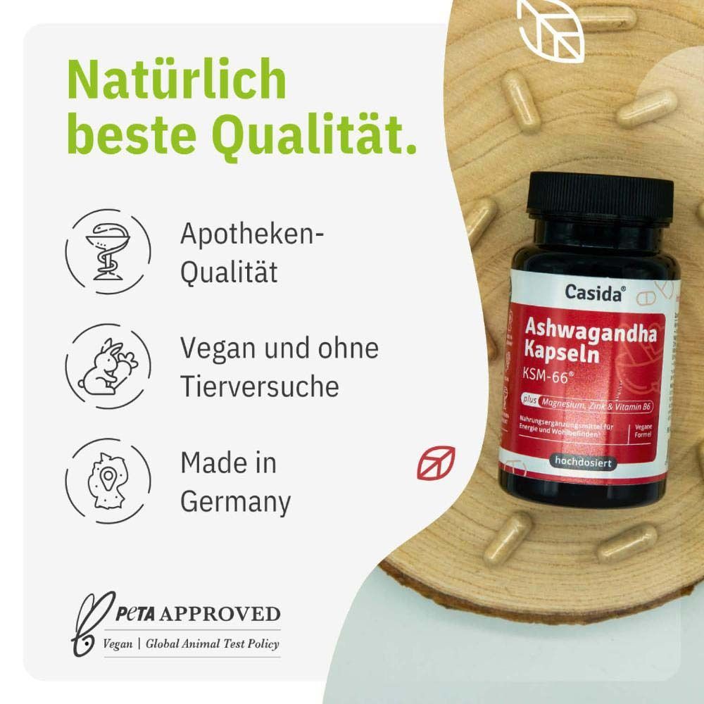 Flasche Ashwagandha Kapseln auf Holz. Apotheken-Qualität, vegan, ohne Tierversuche, Made in Germany, PCTA Approved.