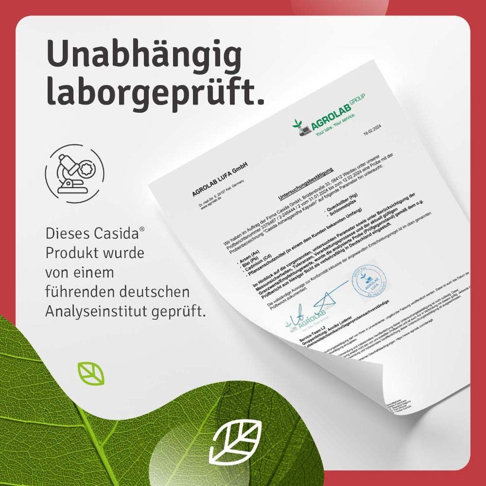 Zertifikat von AGROLAB LUFA. Text: Dieses Casida Produkt wurde von einem führenden deutschen Analyseinstitut geprüft.