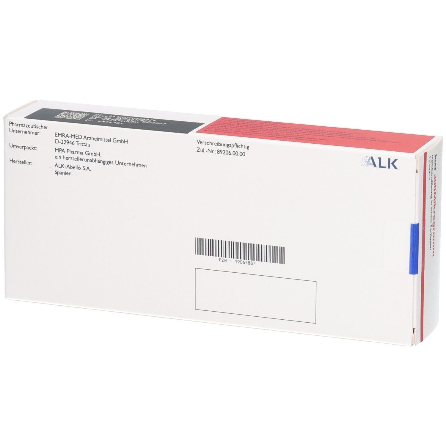 Rückseite der Verpackung von Jext 300 Mikrogramm, 2 Fertigpens. Enthält Hersteller- und Zulassungsinformationen.