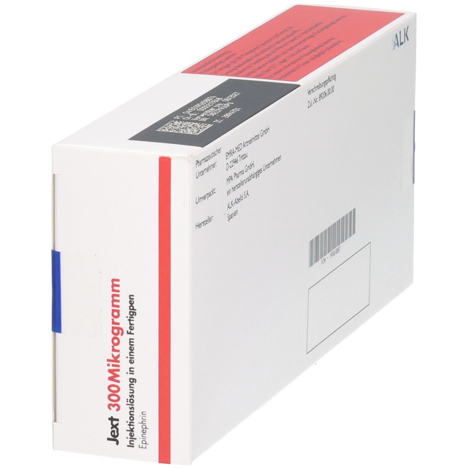Seitenansicht der Verpackung von Jext 300 Mikrogramm, 2 Fertigpens. Enthält Hersteller- und Zulassungsinformationen.