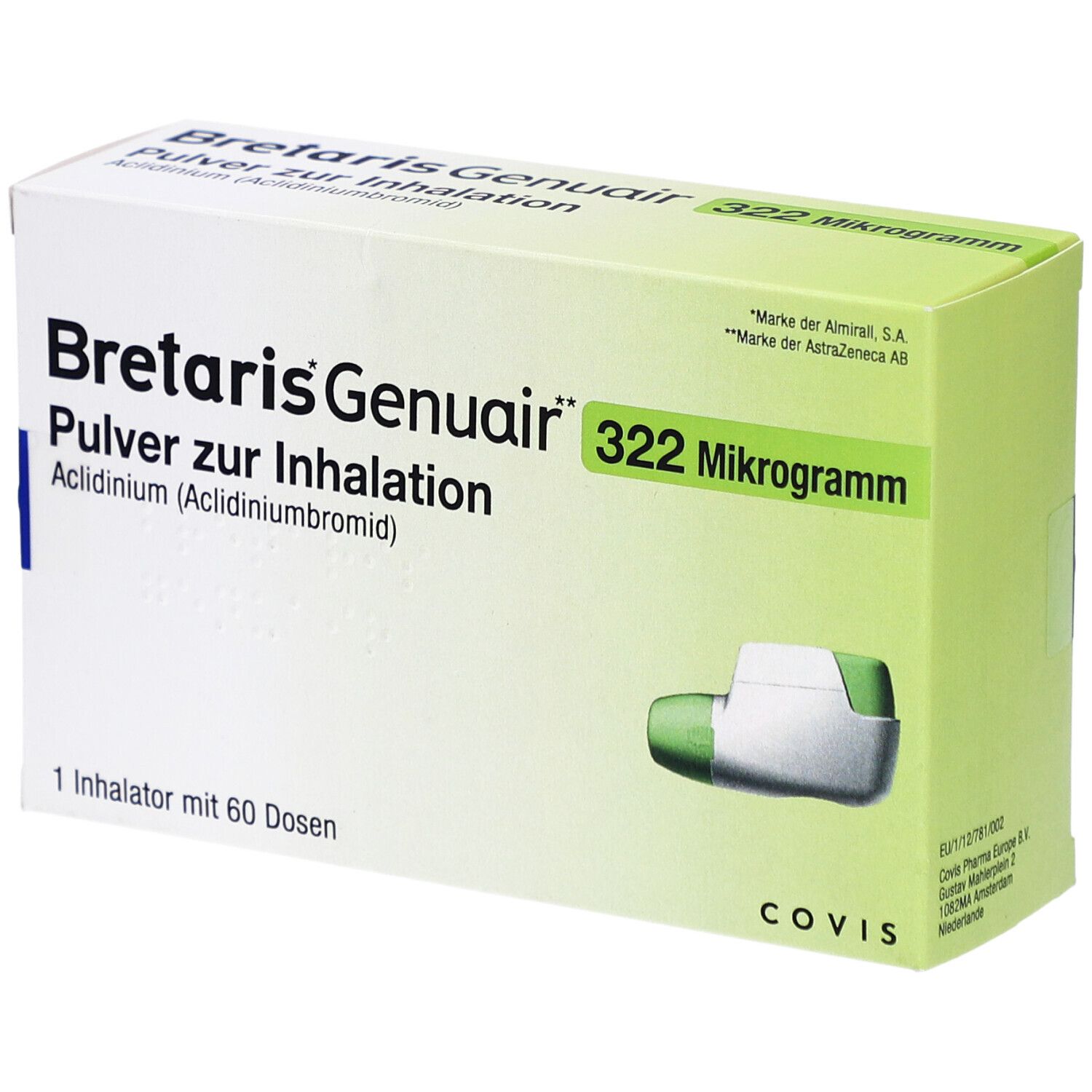 Schachtel mit BRETARIS Genuair 322 Mikrogramm Pulver zur Inhalation. Enthält 1 Inhalator mit 60 Dosen. COVIS-Logo.