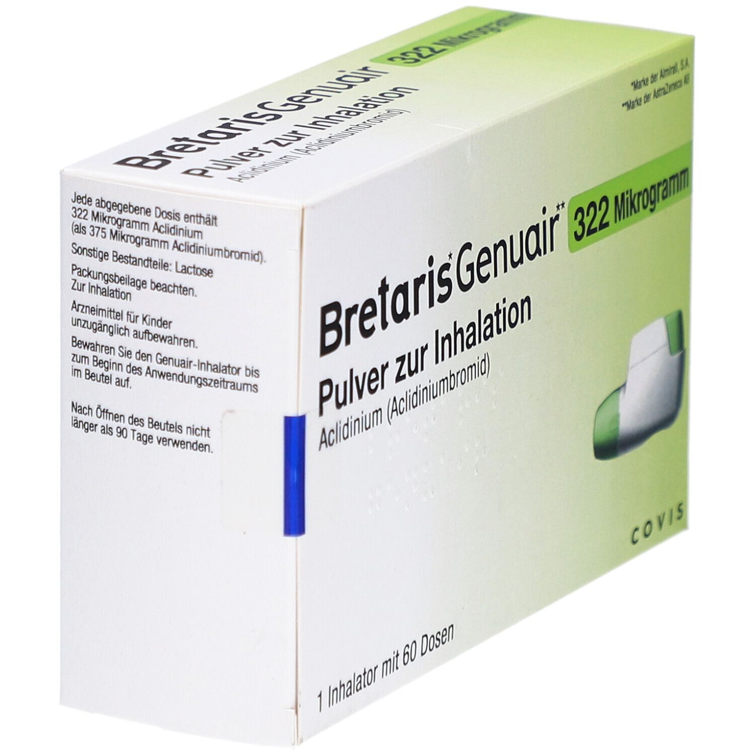 Schachtel BRETARIS Genuair 322 Mikrogramm Pulver zur Inhalation. Enthält 1 Inhalator mit 60 Dosen. Text und Inhalator-Abbildung.