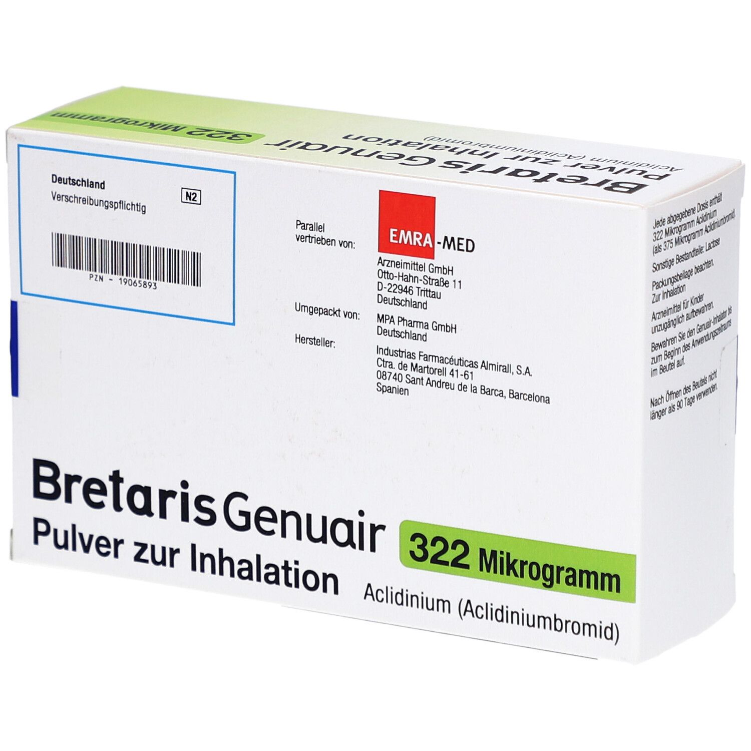 BRETARIS Genuair 322 Mikrogramm Schachtel. Enthält 1 Inhalator mit 60 Dosen. Herstellerinformationen und Barcode.