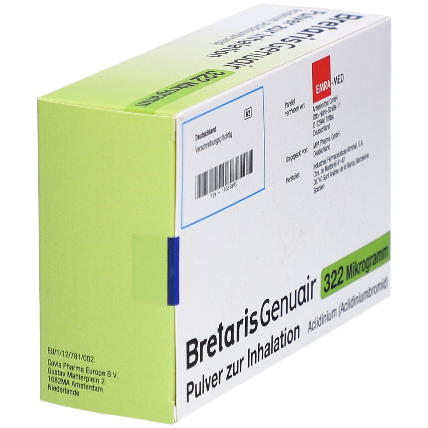 BRETARIS Genuair 322 Mikrogramm Schachtel. Enthält 1 Inhalator mit 60 Dosen. Herstellerinformationen und Barcode.
