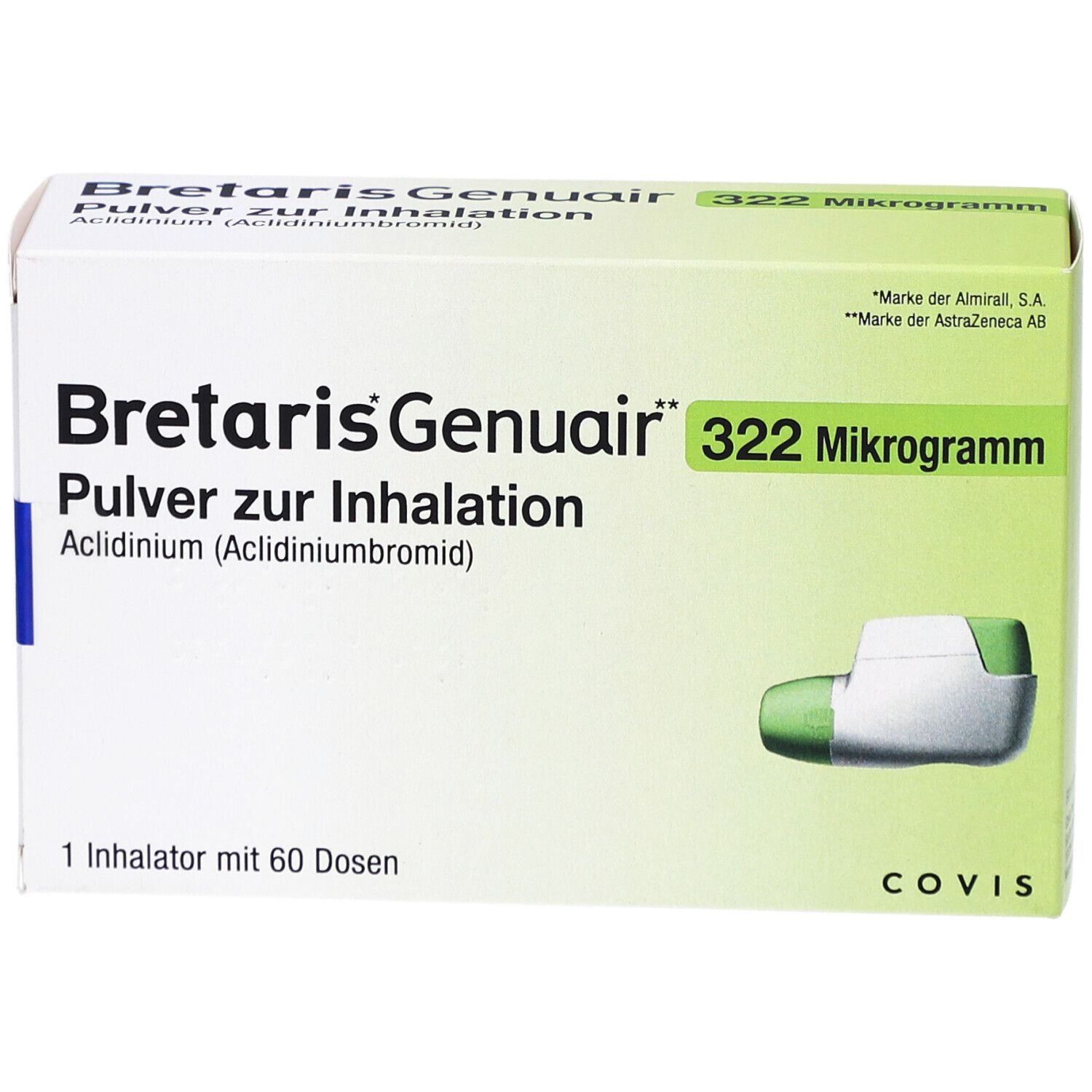 Schachtel BRETARIS Genuair 322 Mikrogramm Pulver zur Inhalation. Enthält 1 Inhalator mit 60 Dosen. COVIS-Logo und Inhalator-Abbildung.