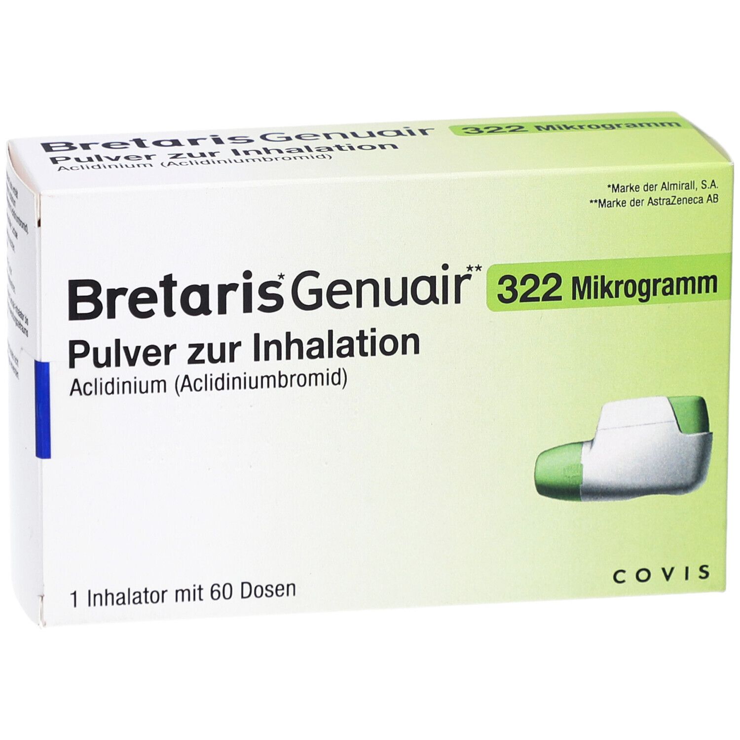 Schachtel BRETARIS Genuair 322 Mikrogramm Pulver zur Inhalation. Enthält 1 Inhalator mit 60 Dosen. COVIS-Logo und Inhalator-Abbildung.