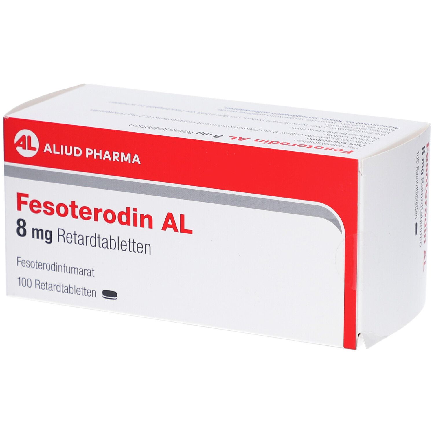 Fesoterodin AL 8 mg Retardtabletten-Packung. Weiß-rote Schachtel mit Produktnamen und Logo.