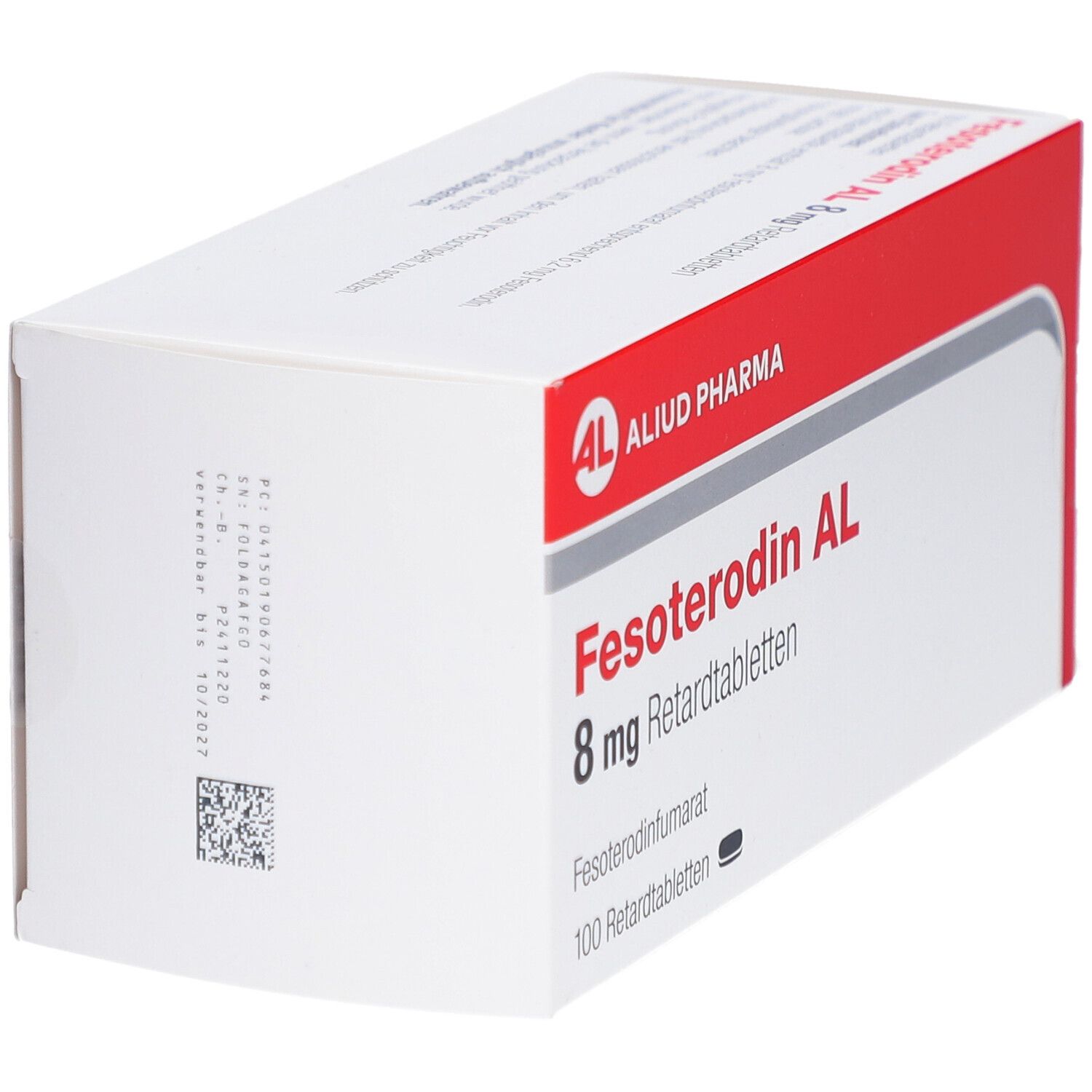 Fesoterodin AL 8 mg Retardtabletten-Packung. Weiße Schachtel mit rotem Akzent und Produktinformationen.