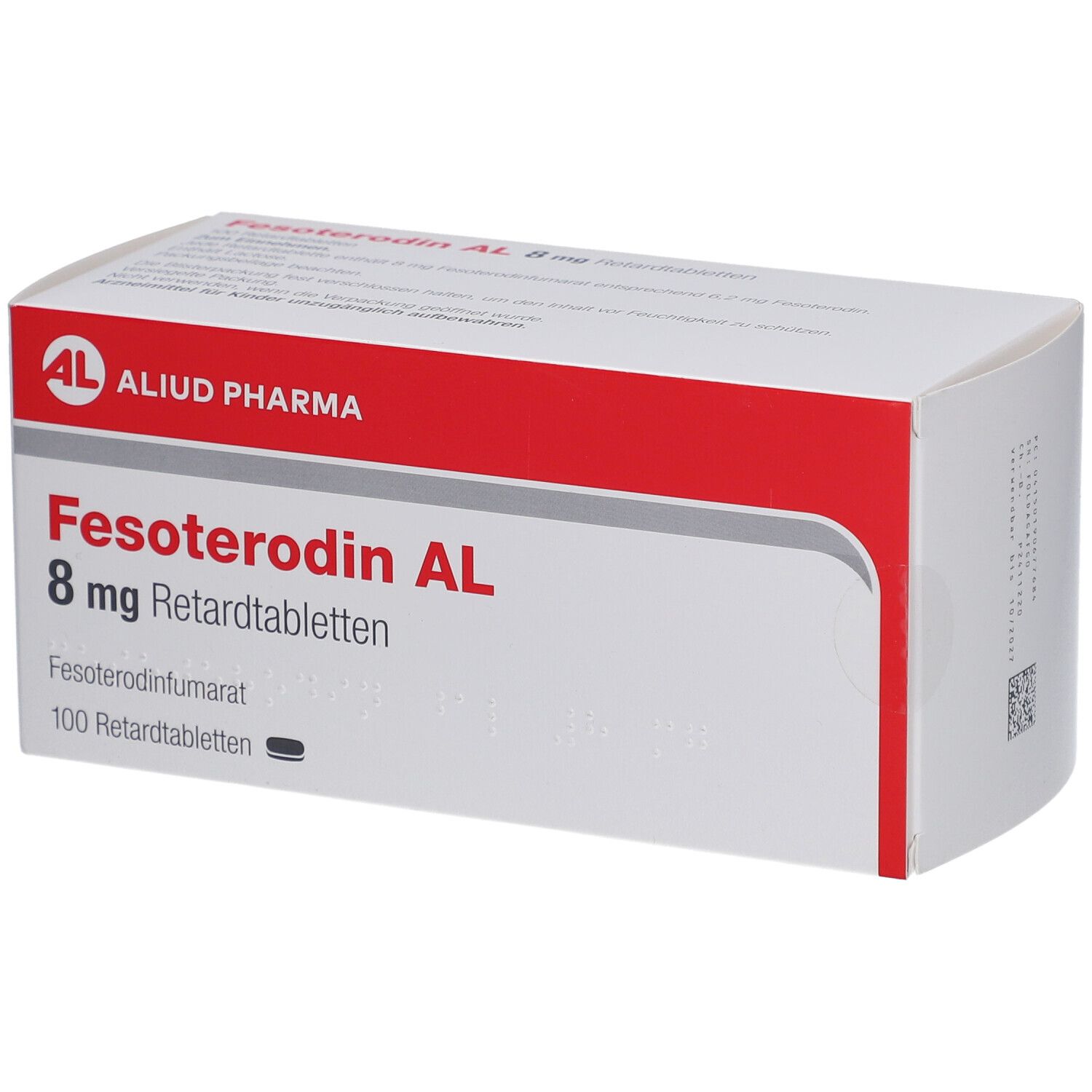 Fesoterodin AL 8 mg Retardtabletten-Packung. Weiße Schachtel mit rotem Akzent und Produktinformationen.