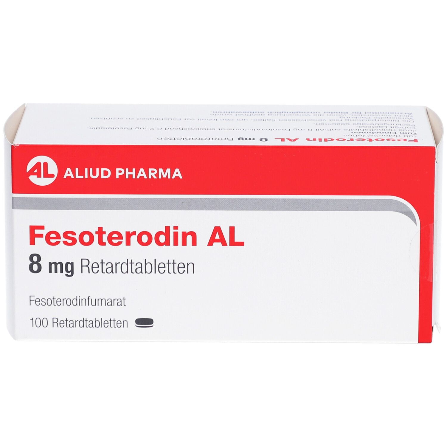 Fesoterodin AL 8 mg Retardtabletten-Packung. Weiße Schachtel mit rotem Akzent und Produktinformationen.