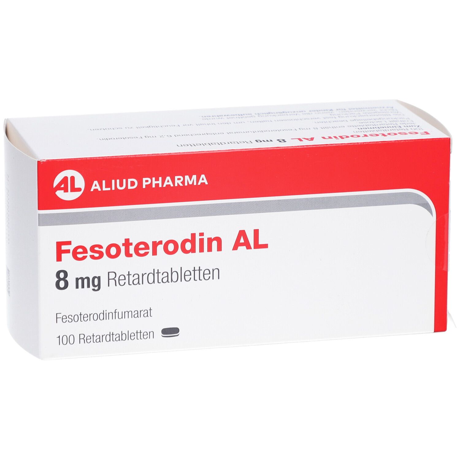 Fesoterodin AL 8 mg Retardtabletten-Packung. Weiße Schachtel mit rotem Akzent und Produktinformationen.