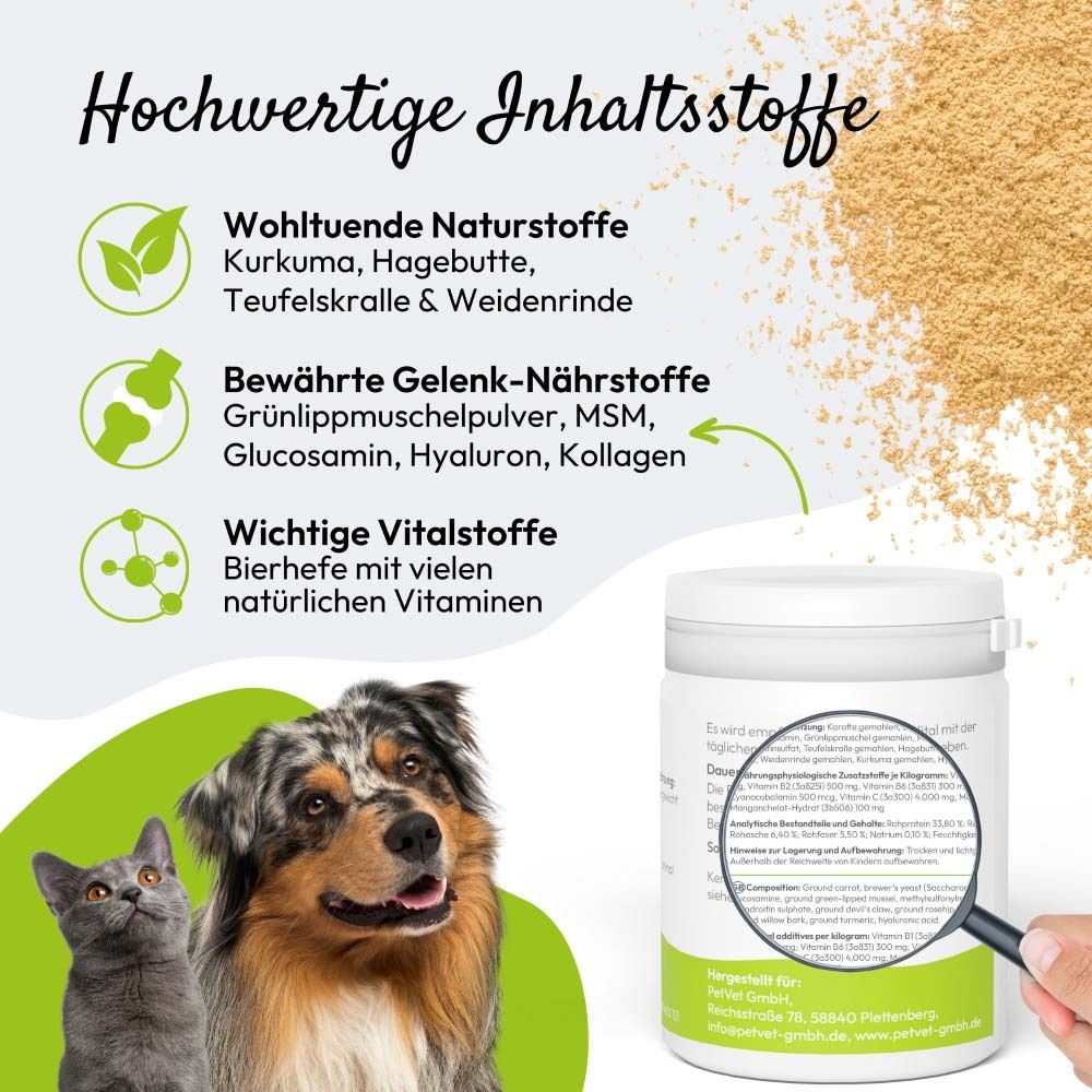 Weiße Dose mit Deckel. Produktname und Logo. Text: GelenkVital. Grüne Beschriftung. 150g. Text über Inhaltsstoffe.