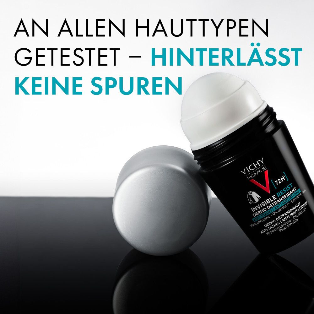 Deo-Roller mit silbernem Deckel. Text: Vichy Homme, 72h, Invisible Resist. Auf schwarzem Untergrund.