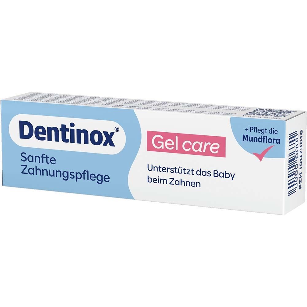 Dentinox Gel care Schachtel. Blau-weiße Schachtel. Aufschrift: Sanfte Zahnpflege, Gel care, unterstützt Baby beim Zahnen. Mit rotem Logo.