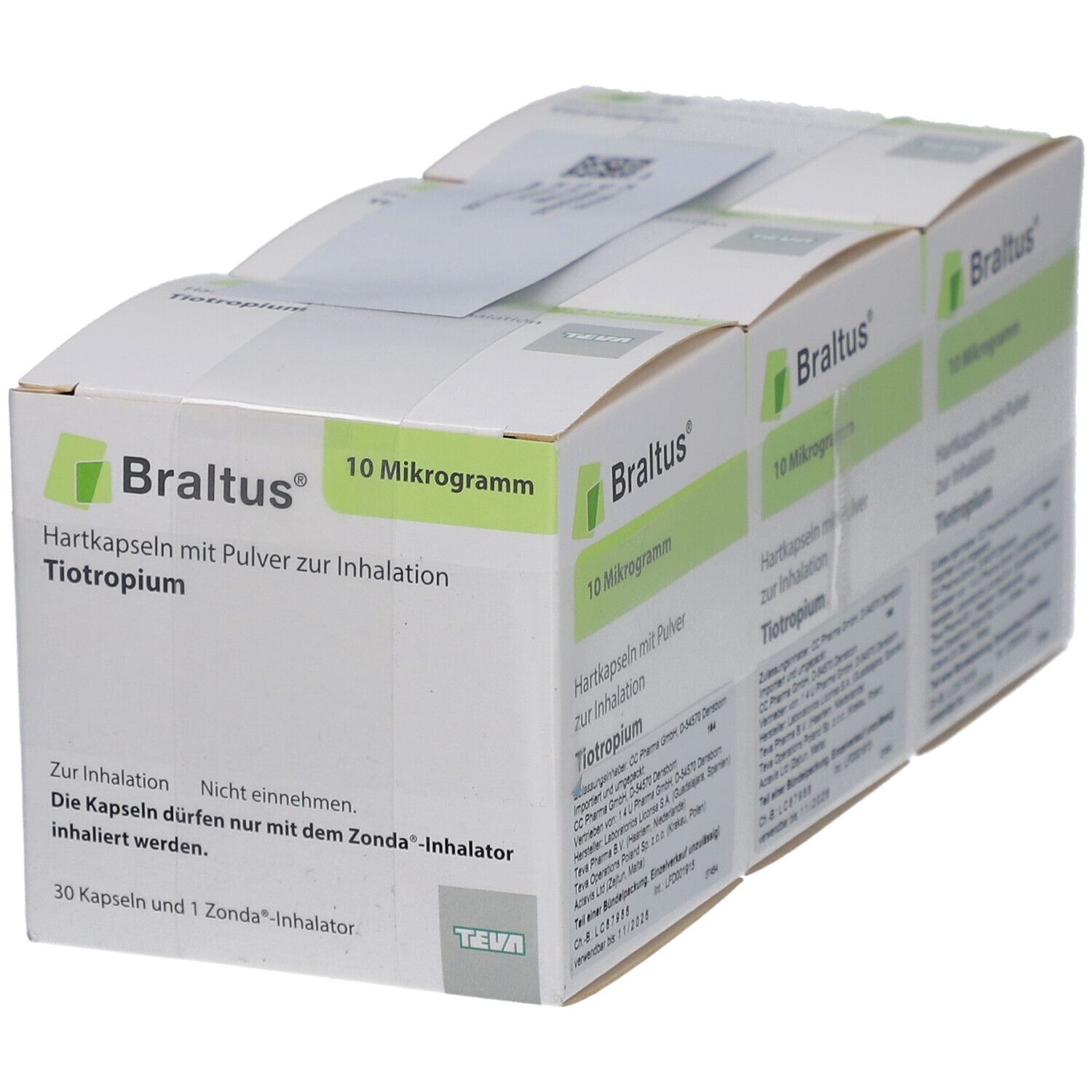 Mehrere Schachteln mit dem Produktnamen Braltus, 10 Mikrogramm. Aufschrift: Hartkapseln mit Pulver zur Inhalation.