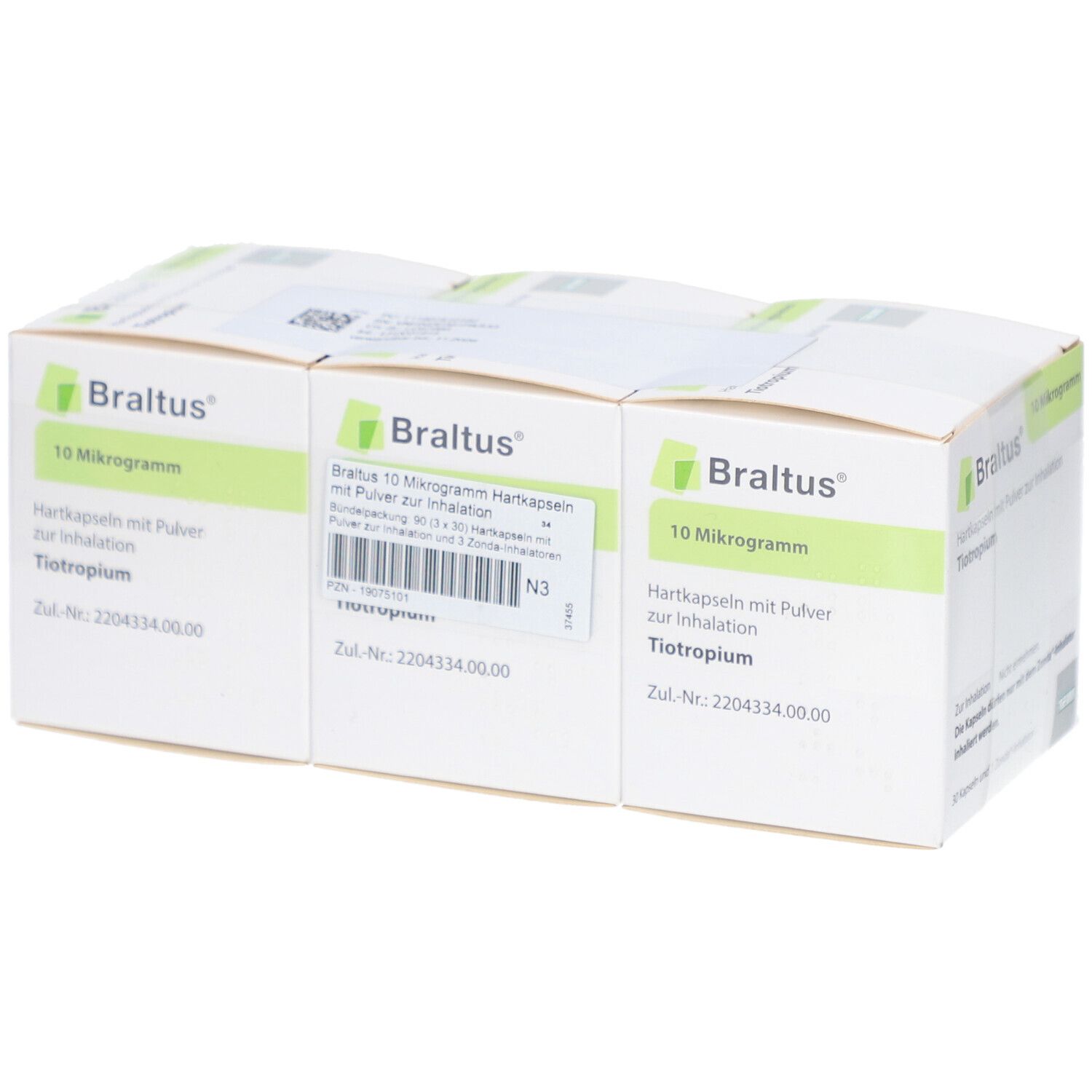 Drei Schachteln Braltus 10 Mikrogramm. Aufschrift: Hartkapseln mit Pulver zur Inhalation. Zul.-Nr.: 2204334.00.00.