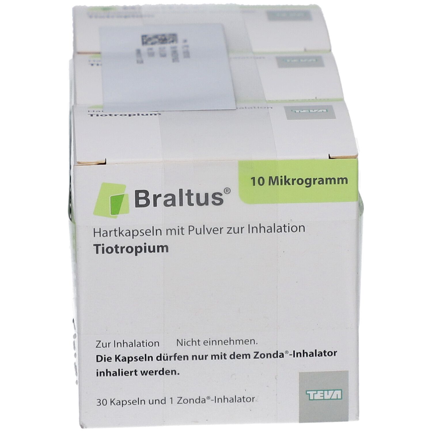 Schachtel Braltus 10 Mikrogramm. Aufschrift: Hartkapseln mit Pulver zur Inhalation. 30 Kapseln und 1 Zonda-Inhalator.