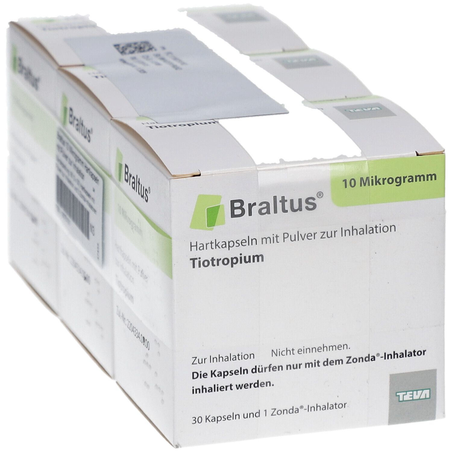 Mehrere Schachteln Braltus 10 Mikrogramm. Aufschrift: Hartkapseln mit Pulver zur Inhalation. 30 Kapseln und 1 Zonda-Inhalator.