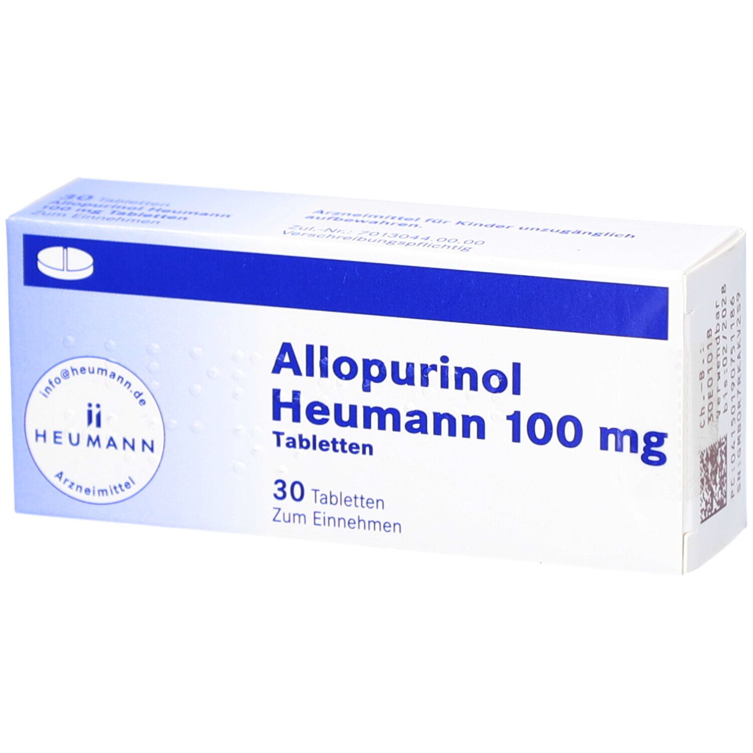 Schachtel mit Allopurinol Heumann 100 mg Tabletten. Blaue und weiße Verpackung. Aufschrift: 30 Tabletten.