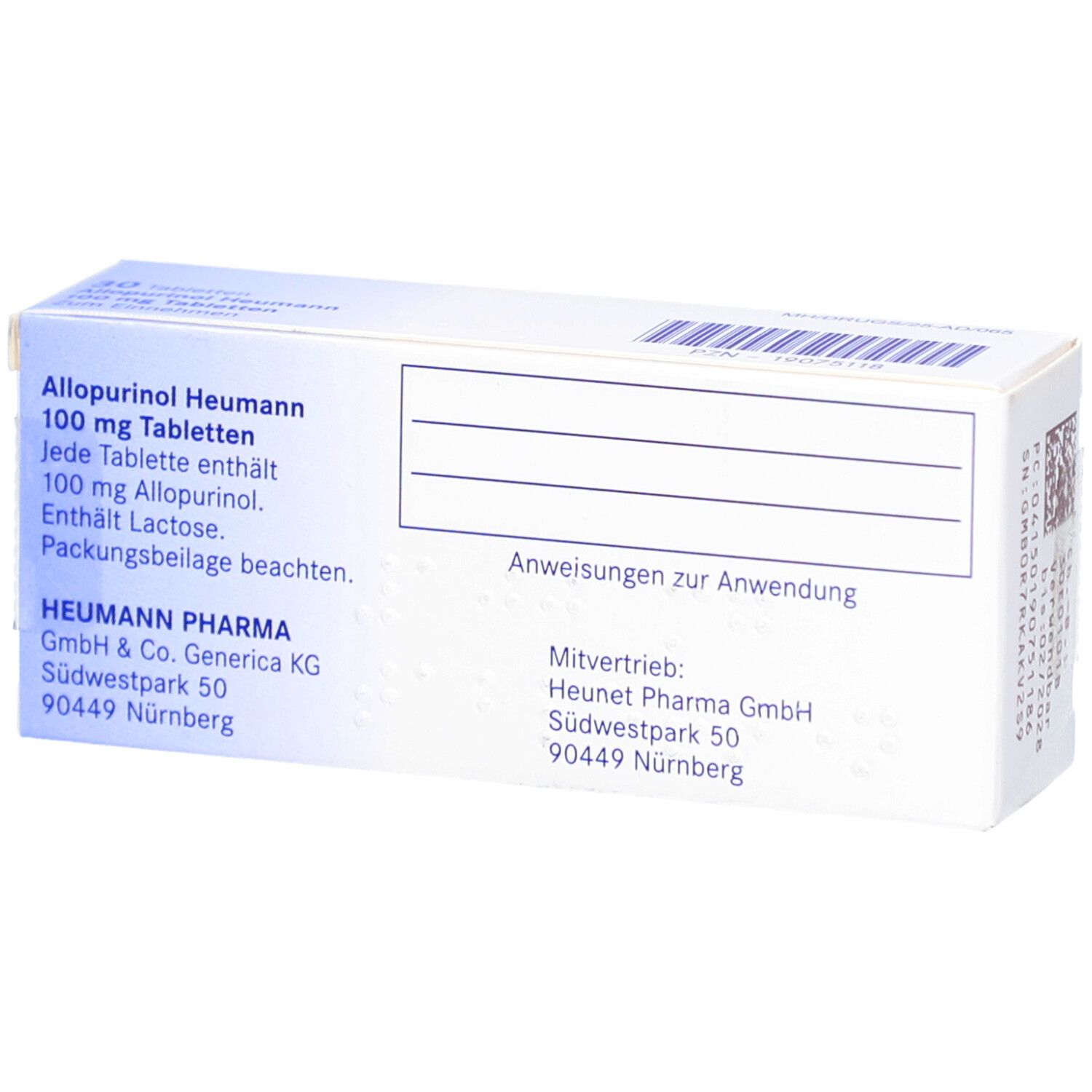 Rückseite der Allopurinol Heumann 100 mg Tabletten-Schachtel. Weiße Verpackung mit Text. Herstellerinformationen.