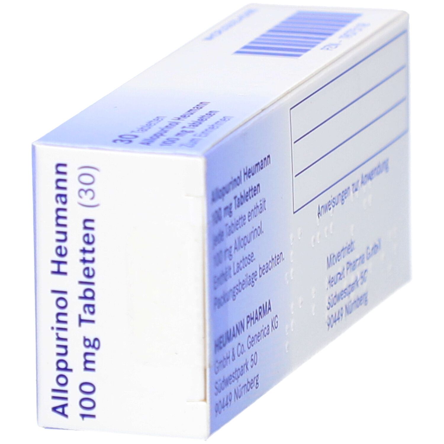 Schrägansicht der Rückseite der Allopurinol Heumann 100 mg Tabletten-Schachtel. Weiße Verpackung mit Text.