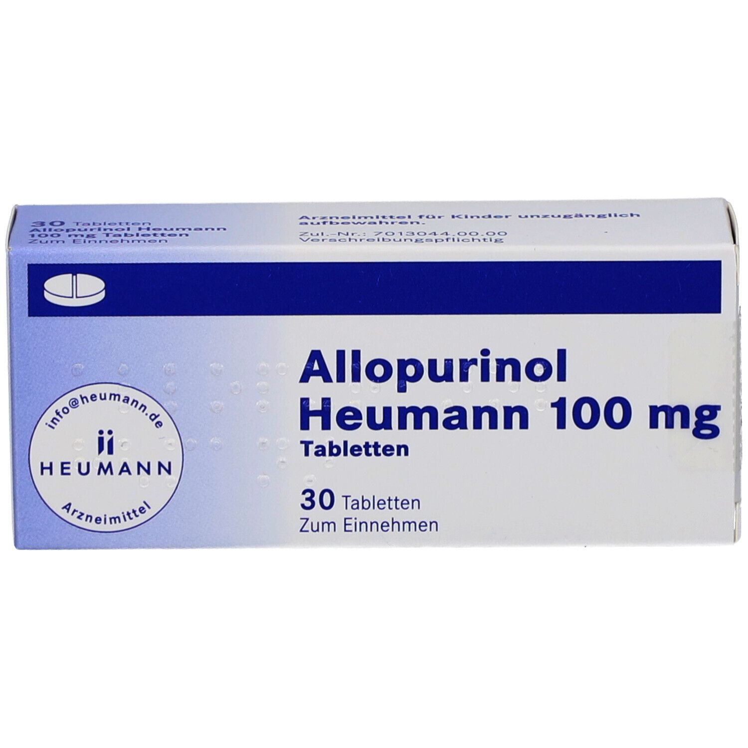 Allopurinol Heumann 100 mg Tabletten-Schachtel. Blaue und weiße Verpackung. Aufschrift: 30 Tabletten. Logo.