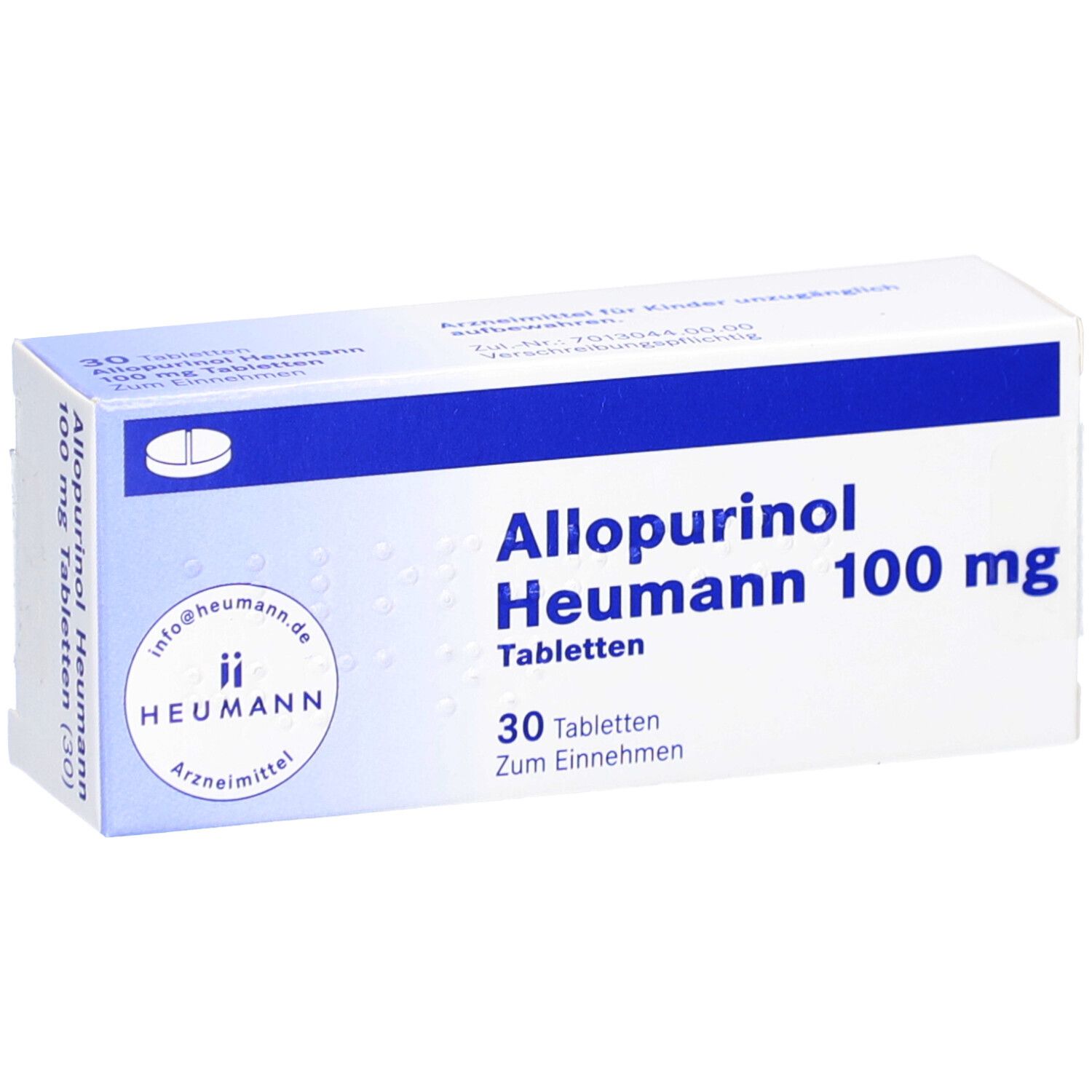 Allopurinol Heumann 100 mg Tabletten-Schachtel. Blaue und weiße Verpackung. Aufschrift: 30 Tabletten. Logo.