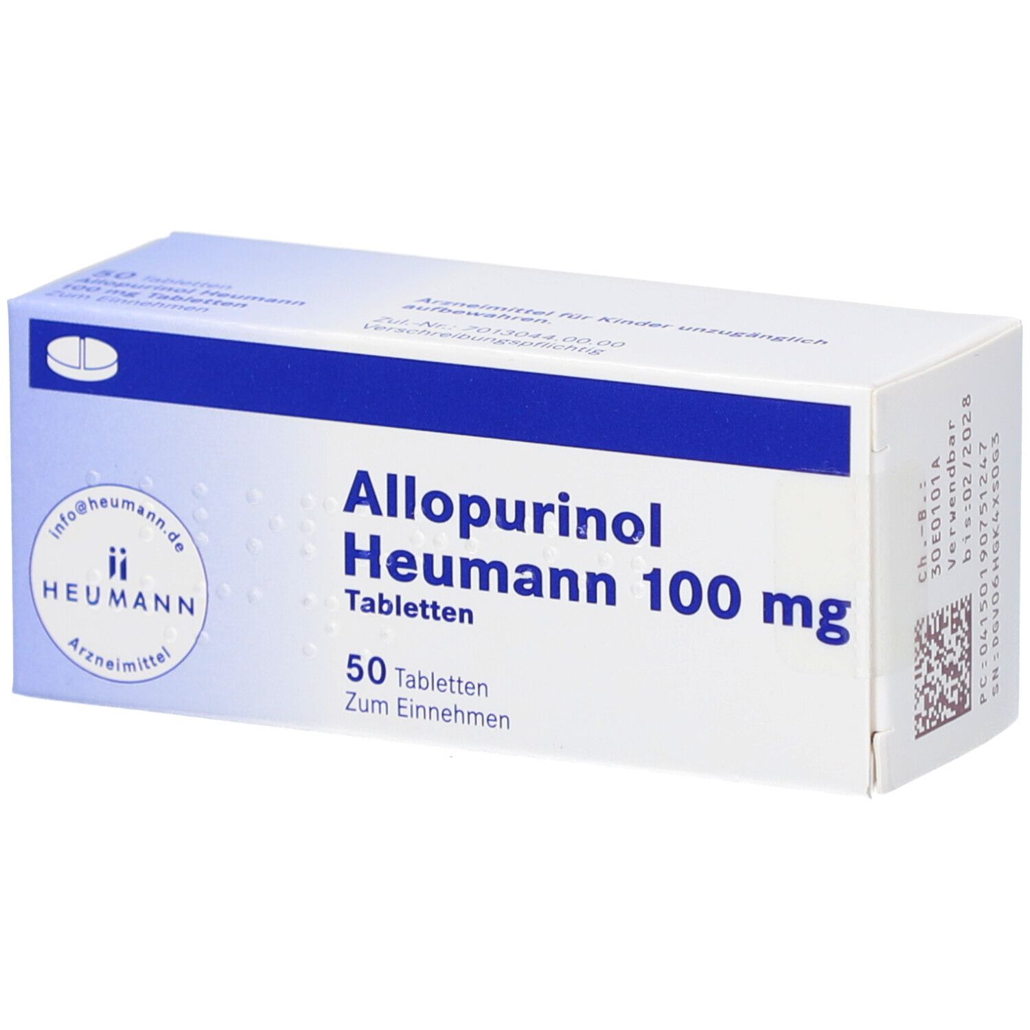 Schachtel mit Allopurinol Heumann 100 mg Tabletten. Blaue und weiße Verpackung mit Produktnamen und Logo.