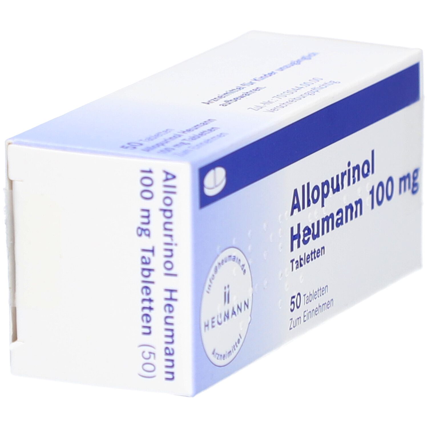 Schachtel Allopurinol Heumann 100 mg Tabletten. Blaue und weiße Verpackung. Produktname und Logo sichtbar.