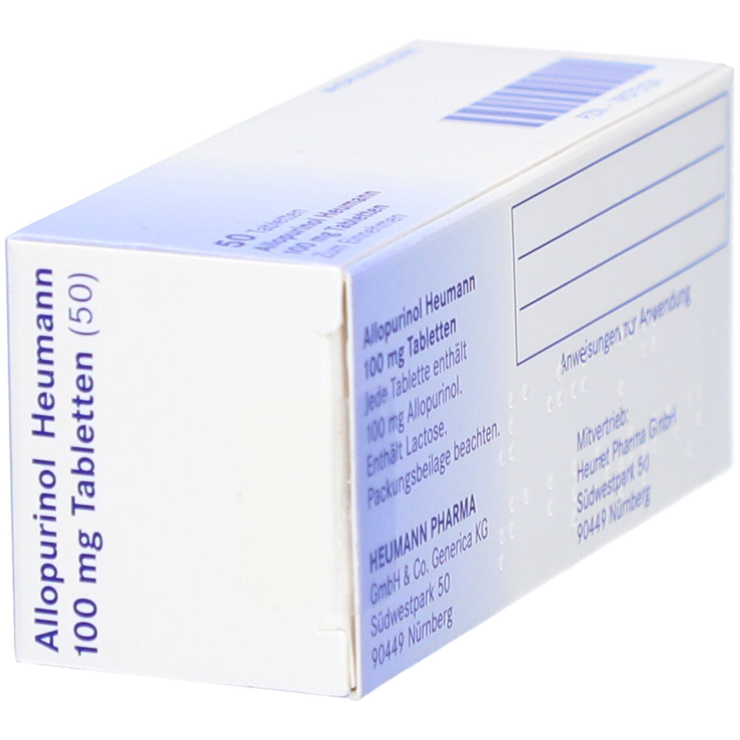 Schachtel Allopurinol Heumann 100 mg Tabletten. Textinformationen auf der Seite. Blaue und weiße Verpackung.