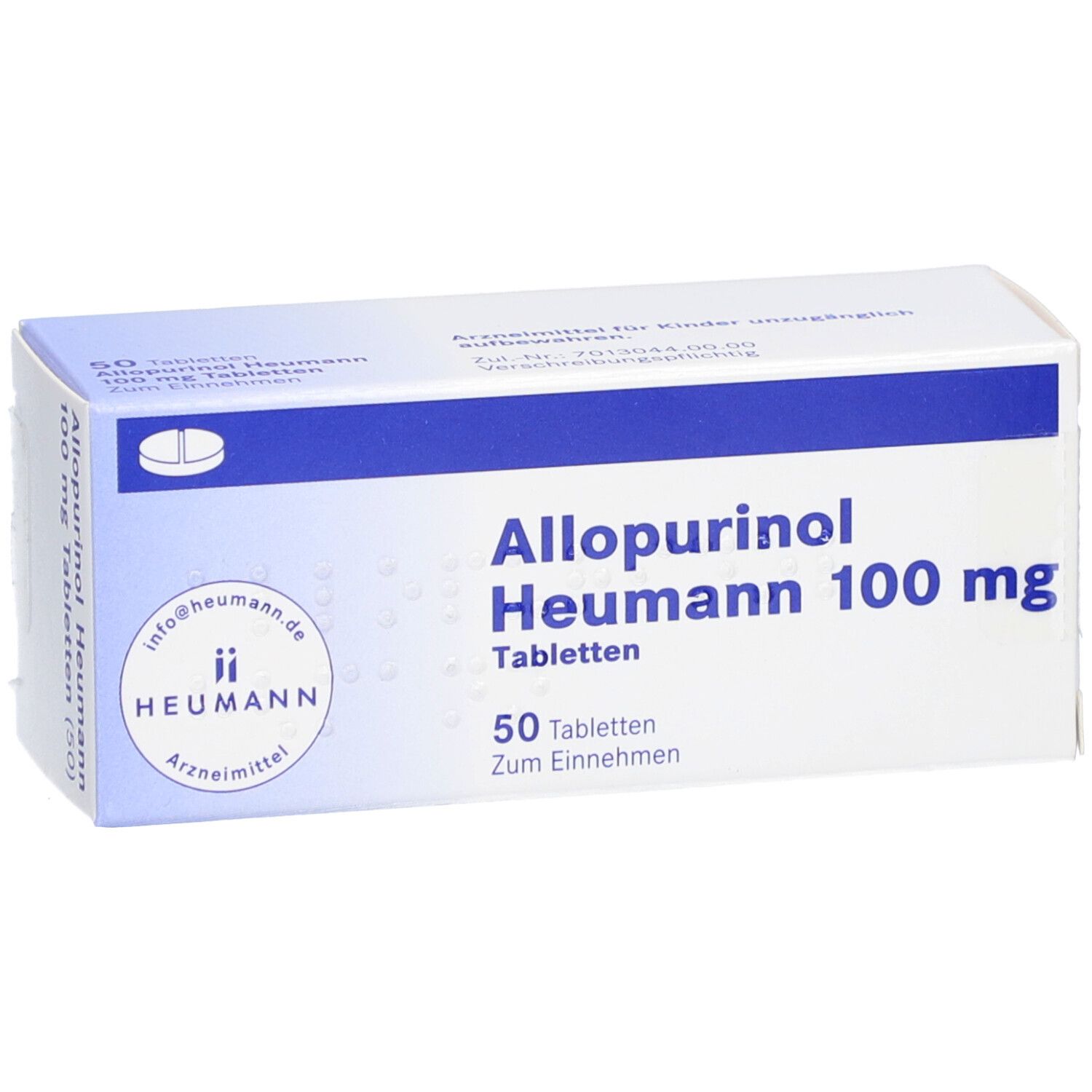 Schachtel Allopurinol Heumann 100 mg Tabletten. Blaue und weiße Verpackung. Produktname und Logo.