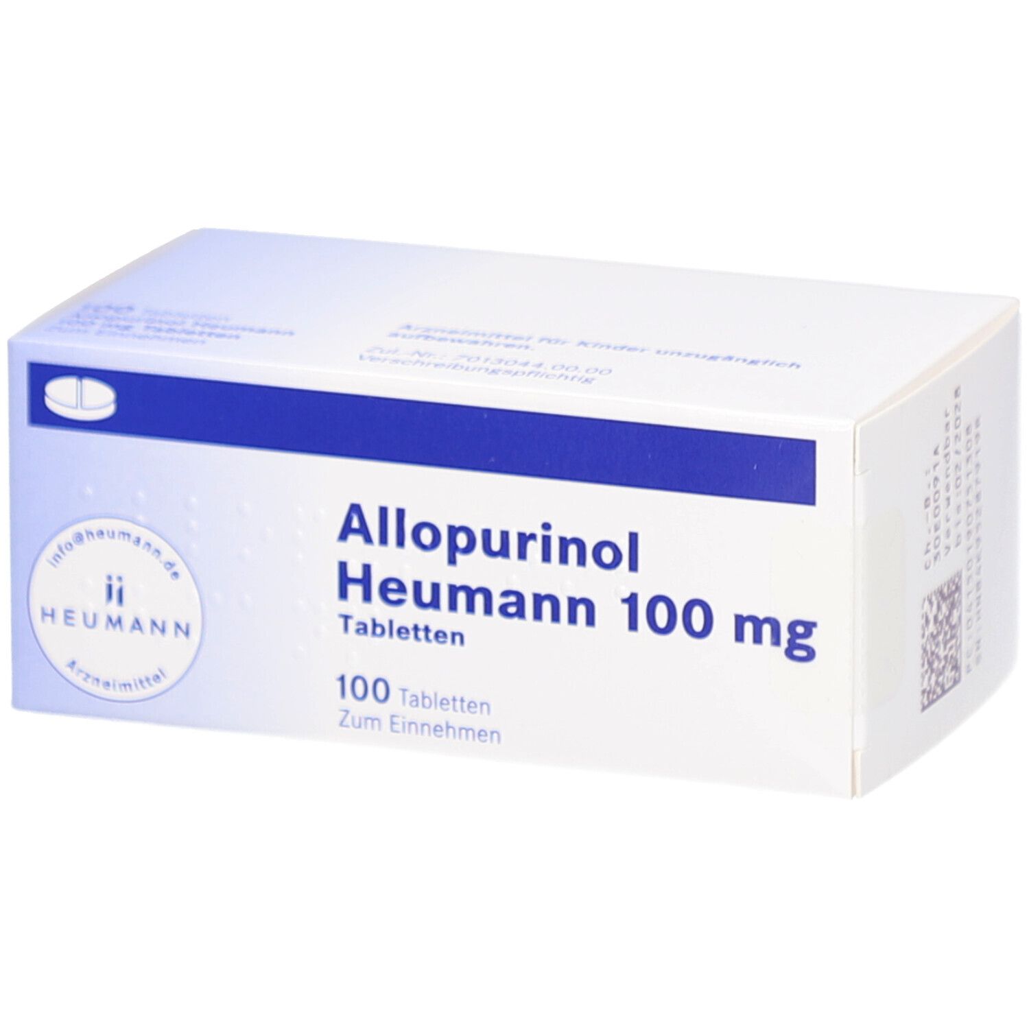 Schachtel mit ALLOPURINOL Heumann 100 mg Tabletten. Blaue und weiße Verpackung. 100 Tabletten. Heumann Logo.