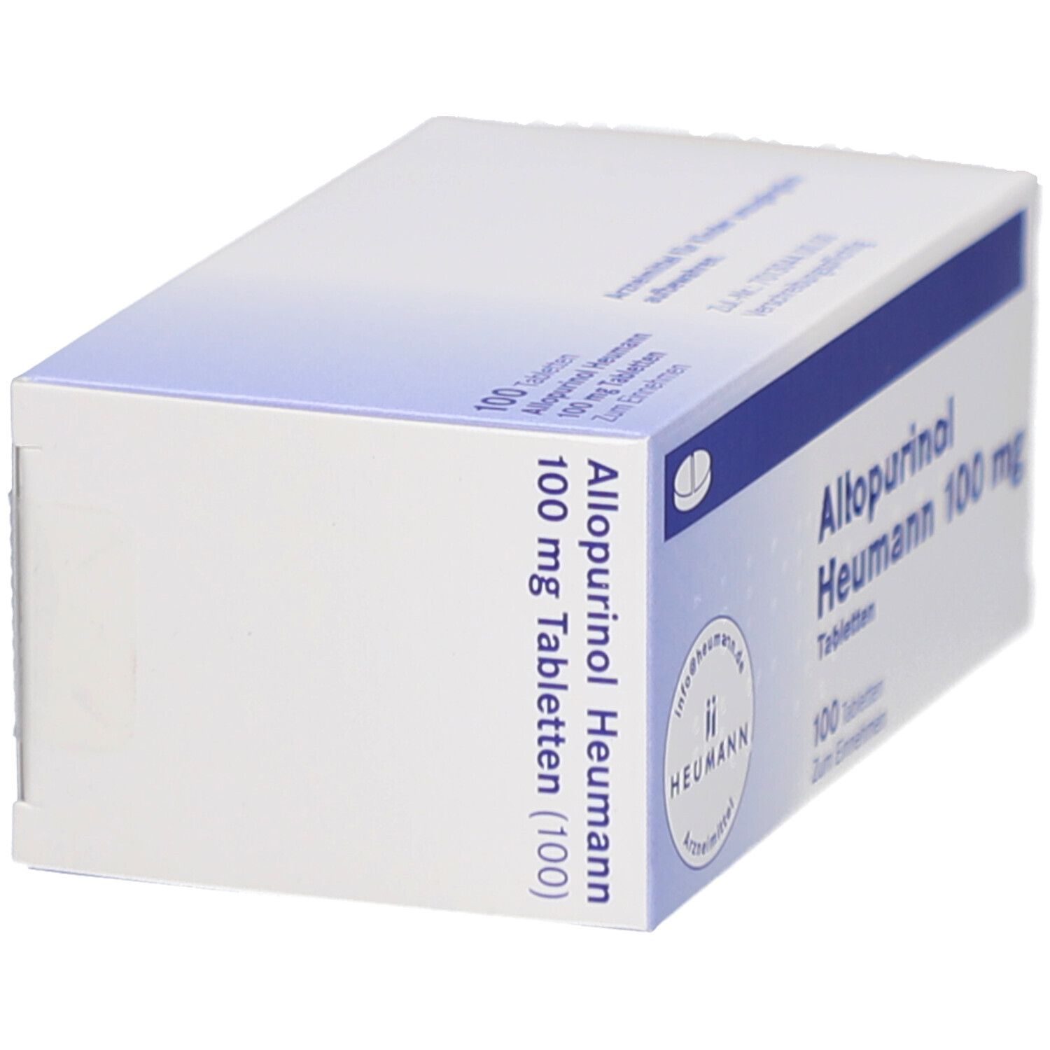 Schachtel ALLOPURINOL Heumann 100 mg Tabletten. Blaue und weiße Verpackung. Seitenansicht. Text: ALLOPURINOL Heumann 100 mg Tabletten (100).