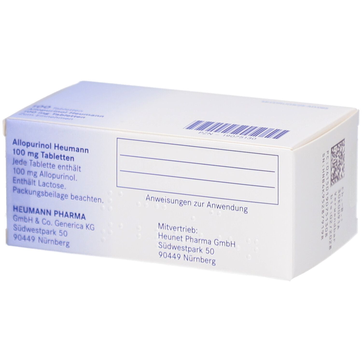 Rückseite der Schachtel ALLOPURINOL Heumann 100 mg Tabletten. Textinformationen und Barcode. Heumann Pharma GmbH & Co. Generica KG.