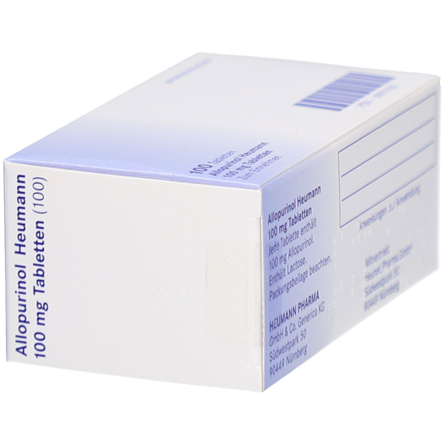 Schachtel ALLOPURINOL Heumann 100 mg Tabletten. Seitenansicht mit Text. Heumann Pharma GmbH & Co. Generica KG. Barcode.