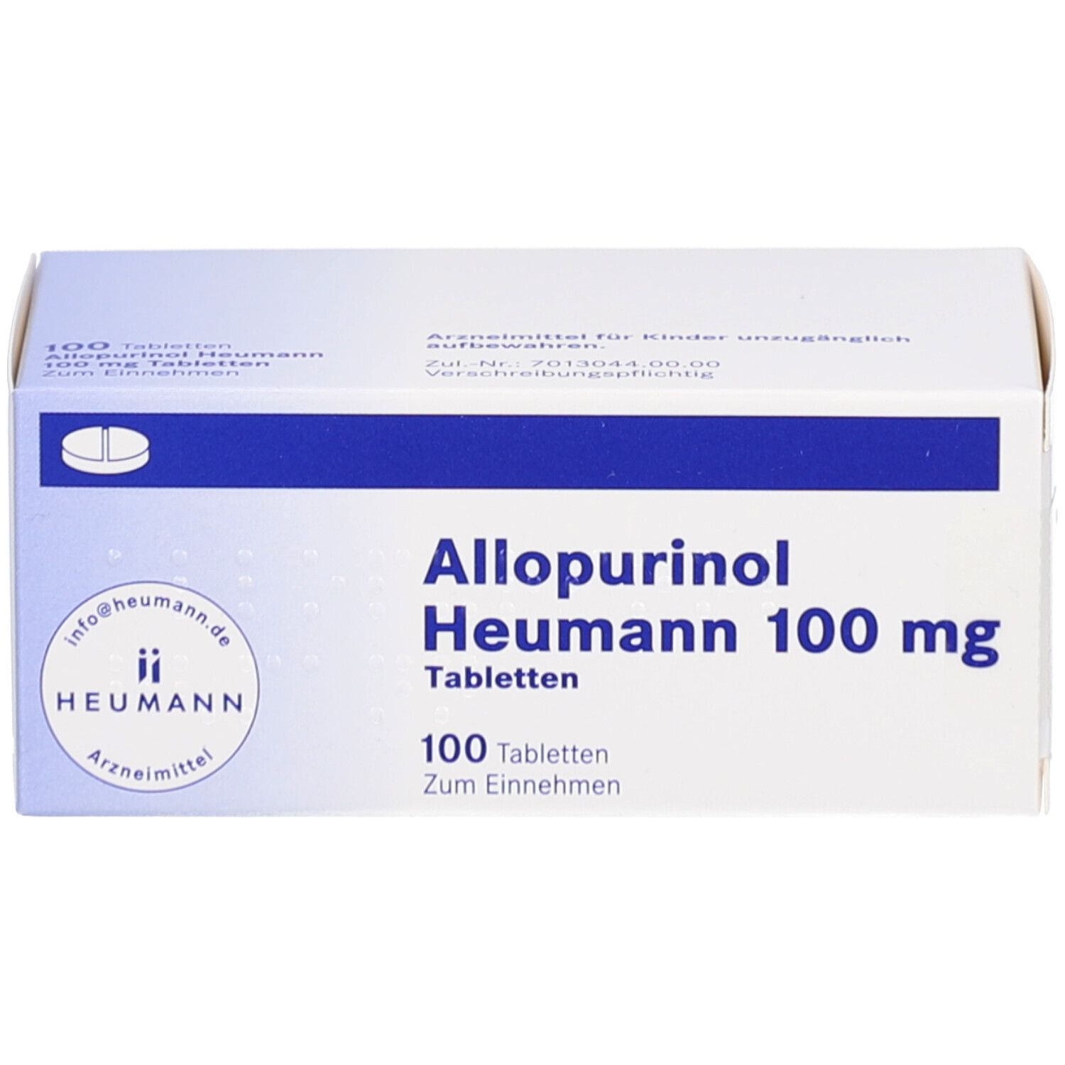 Schachtel ALLOPURINOL Heumann 100 mg Tabletten. Blaue und weiße Verpackung. 100 Tabletten. Heumann Logo. Zum Einnehmen.