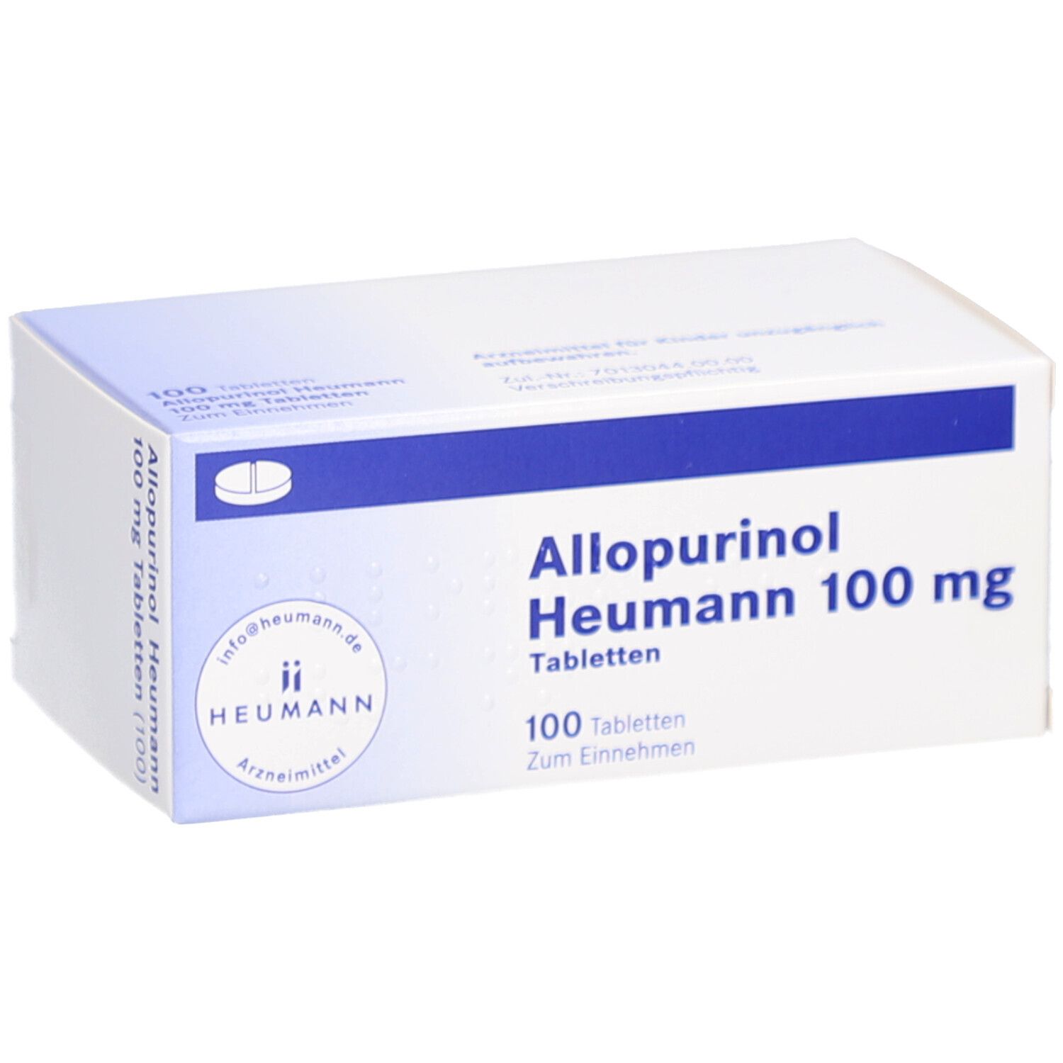 Schachtel ALLOPURINOL Heumann 100 mg Tabletten. Blaue und weiße Verpackung. 100 Tabletten. Heumann Logo. Zum Einnehmen.