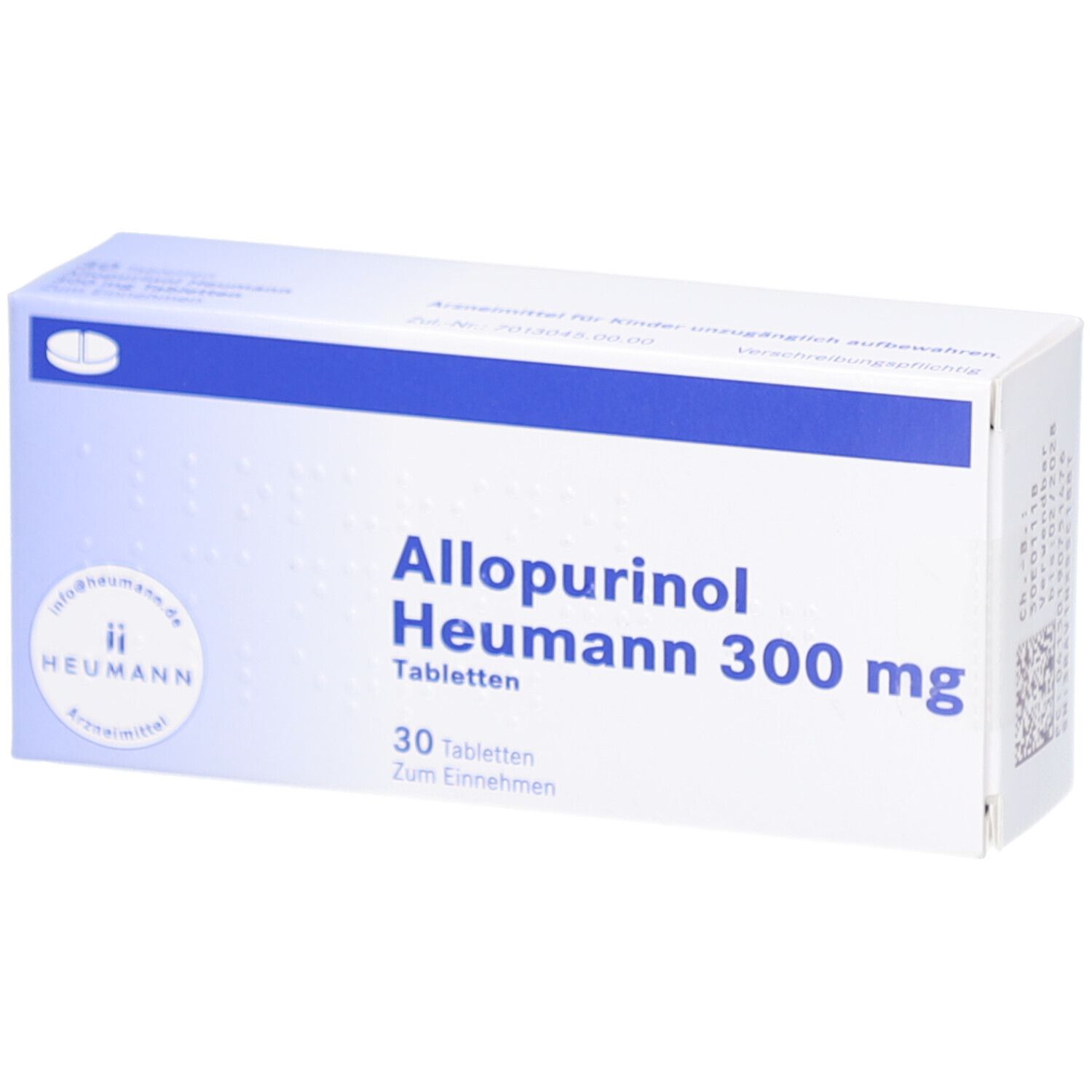 Schachtel mit ALLOPURINOL Heumann 300 mg Tabletten. Blaue und weiße Verpackung mit Produktnamen und Dosierung. 30 Tabletten.