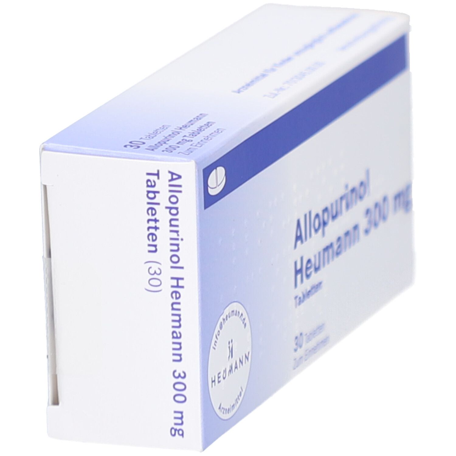 Schachtel ALLOPURINOL Heumann 300 mg Tabletten. Blaue und weiße Verpackung. Produktname und Dosierung auf der Seite. 30 Tabletten.