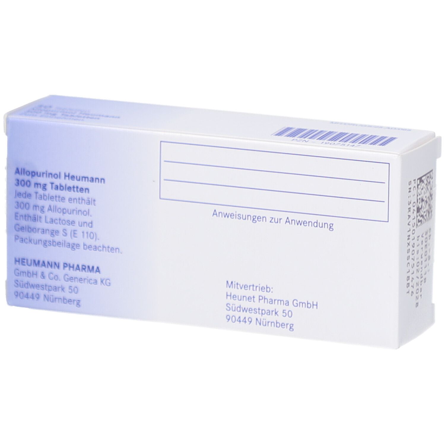Rückseite der Schachtel ALLOPURINOL Heumann 300 mg Tabletten. Text mit Inhaltsstoffen und Herstellerinformationen. Barcode.