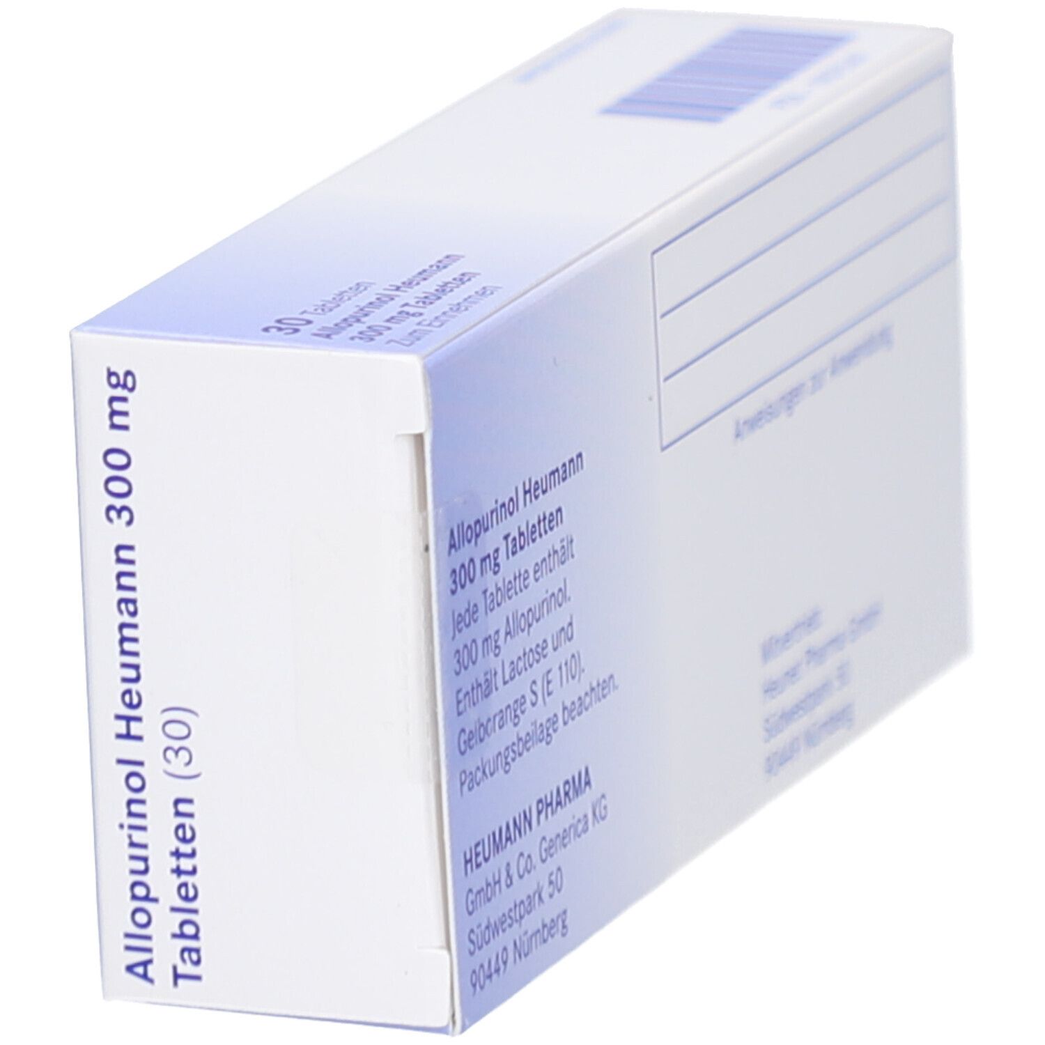 Schachtel ALLOPURINOL Heumann 300 mg Tabletten. Blaue und weiße Verpackung. Produktname und Dosierung. 30 Tabletten.