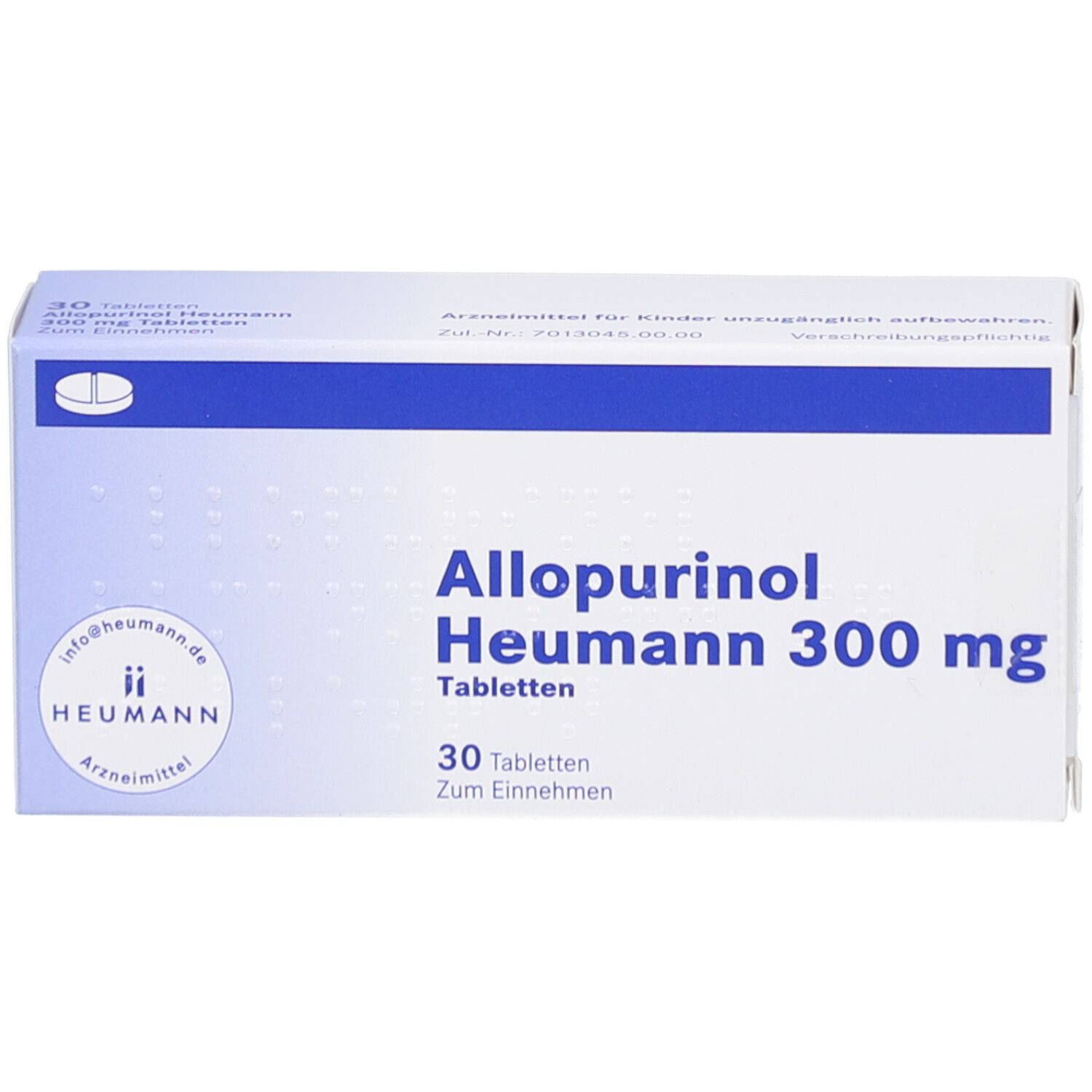 Schachtel ALLOPURINOL Heumann 300 mg Tabletten. Blaue und weiße Verpackung. Produktname und Dosierung. 30 Tabletten.